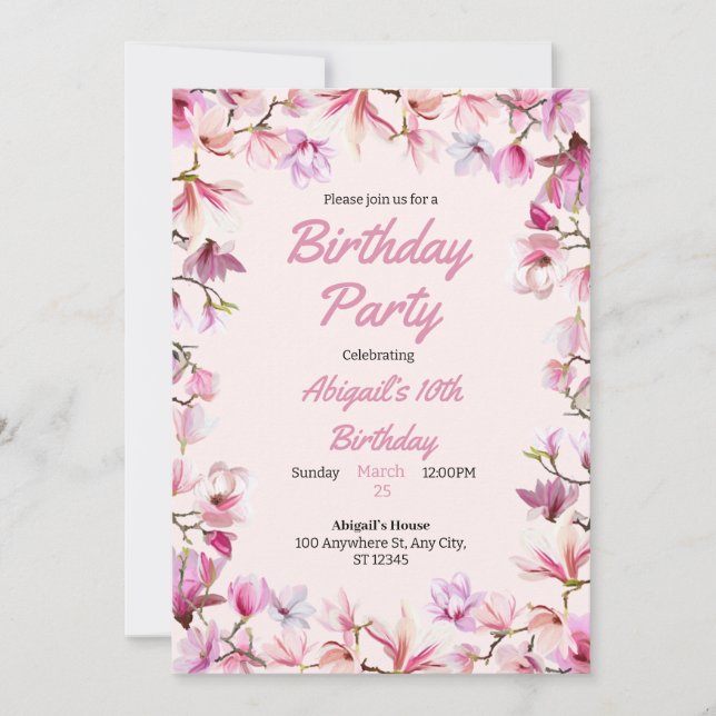 Pink Floral Customizable Birthday Party Invitation (Front)