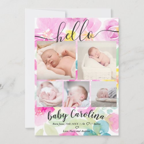 Pink floral cute 5 grid photo baby girl birth announcement