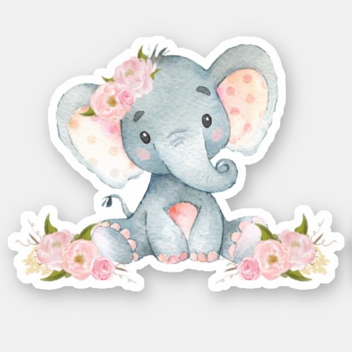 Pink Floral Cute Baby Elephant Cut Out Vinyl Sticker