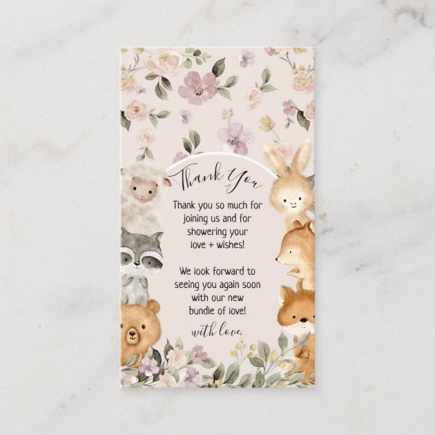 Pink Floral Cute Baby Forest Animal Thank Enclosure Card
