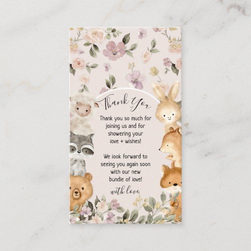 Pink Floral Cute Baby Forest Animal Thank Enclosure Card