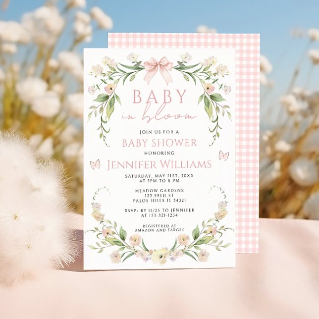 Pink Floral Cute Bow Baby in Bloom Girl Shower Invitation (Creator Uploaded)