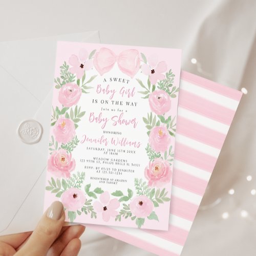 Pink floral cute bow boho chic baby girl shower invitation