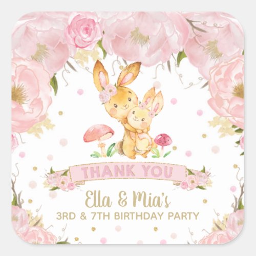 Pink Floral Cute Bunnies Joint Sisters Birthday Square Sticker