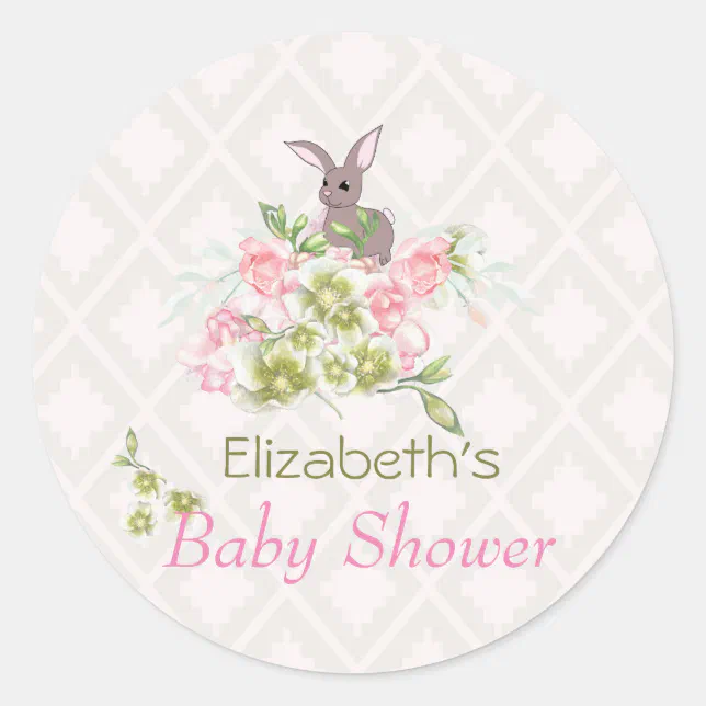 Pink Floral Cute Bunny Baby Shower Classic Round Sticker | Zazzle
