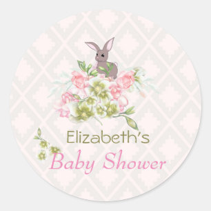 Pink Floral Cute Bunny Baby Shower Classic Round Sticker