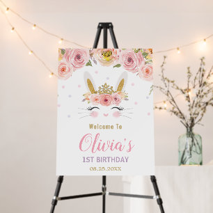 Pink Floral Cute Bunny Rabbit 1st Birthday Welcome Foam Board