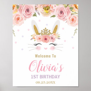 Pink Floral Cute Bunny Rabbit 1st Birthday Welcome Poster
