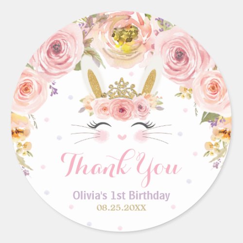 Pink Floral Cute Bunny Rabbit 1st First Birthday  Classic Round Sticker