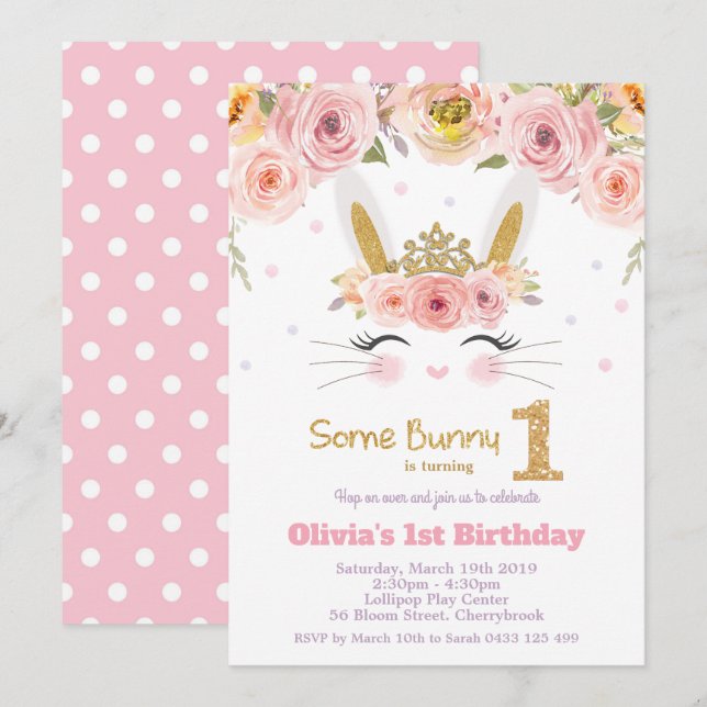 Pink Floral Cute Bunny Rabbit 1st First Birthday Invitation (Front/Back)