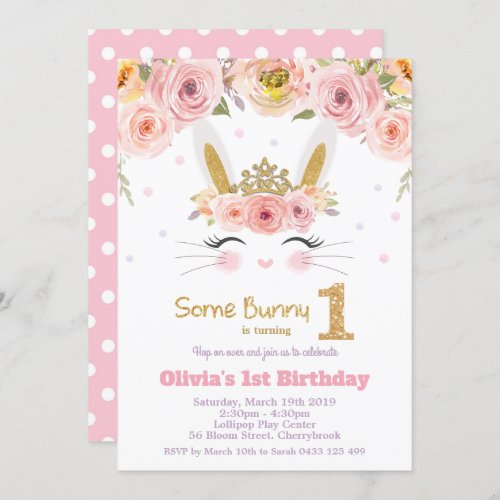 Pink Floral Cute Bunny Rabbit 1st First Birthday Invitation