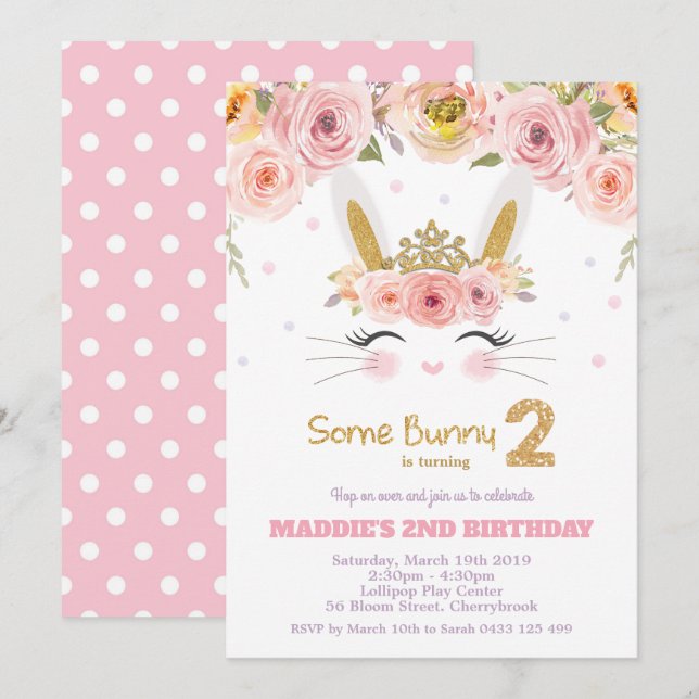 Pink Floral Cute Bunny Rabbit 2nd Second Birthday Invitation (Front/Back)