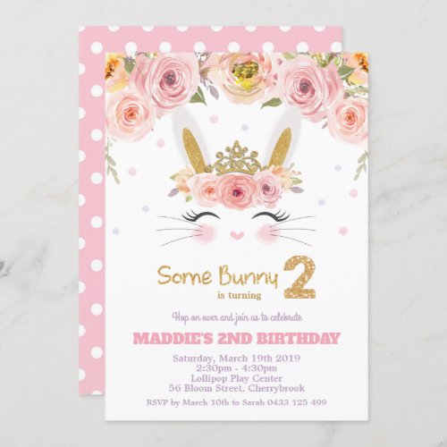 Pink Floral Cute Bunny Rabbit 2nd Second Birthday Invitation