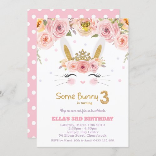 Pink Floral Cute Bunny Rabbit 3rd Third Birthday Invitation