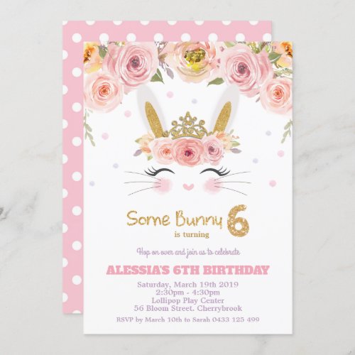 Pink Floral Cute Bunny Rabbit 6th Birthday Girl Invitation