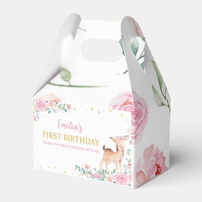 Pink Floral Cute Deer First Birthday Favor Box (Front Side)