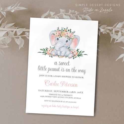 Pink Floral Cute Elephant Baby Girl Baby Shower Invitation