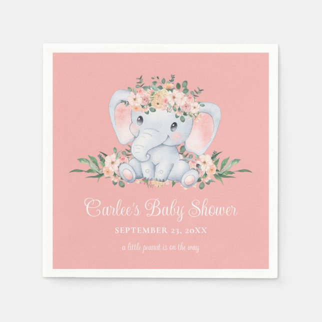 Pink Floral Cute Elephant Baby Girl Baby Shower Napkins (Front)