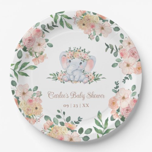 Pink Floral Cute Elephant Baby Girl Baby Shower Paper Plates
