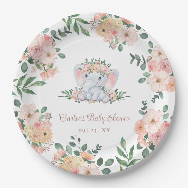 Pink Floral Cute Elephant Baby Girl Baby Shower Paper Plates (Front)