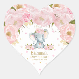 Pink Floral Cute Elephant Baby Shower Heart Sticker