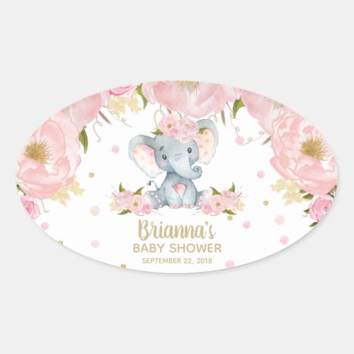 Pink Floral Cute Elephant Baby Shower Oval Sticker