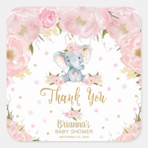 Pink Floral Cute Elephant Baby Shower Stickers