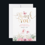 Pink Floral Cute Gold Birthday Thank You Card<br><div class="desc">Gold and pink elegant thank you birthday cards</div>