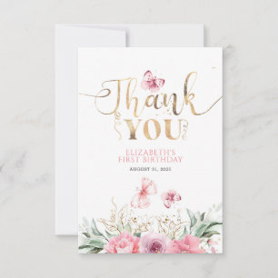 Pink Floral Cute Gold Birthday Thank You Card