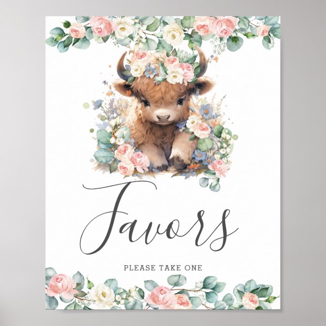 Pink Floral Cute Highland Cow Baby Shower Favors Poster (Front)