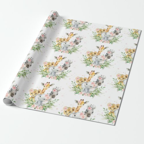 Pink Floral Cute Jungle Animals Elephant Giraffe  Wrapping Paper