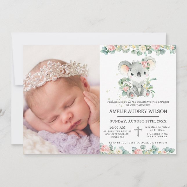 Pink Floral Cute Koala Baptism Christening Photo Invitation (Front)