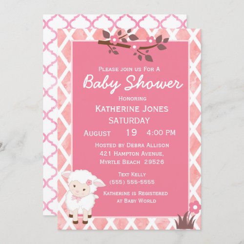 Pink Floral Cute Lamb Baby Shower Invitation