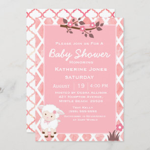 Pink Floral Cute Lamb Baby Shower Invitation