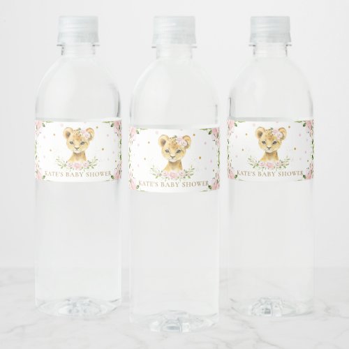 Pink Floral Cute Lion Cub Baby Shower 1st Birthday Water Bottle Label