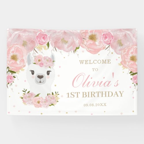 Pink Floral Cute Llama 1st Birthday Backdrop Banner