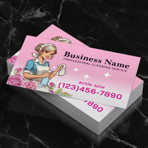 Pink Floral Cute Maid House Cleaning Service Business Card