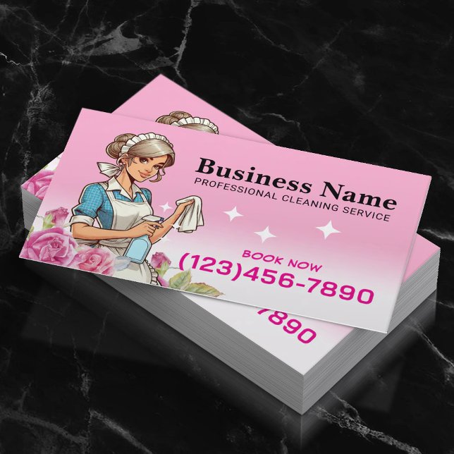 Pink Floral Cute Maid House Cleaning Service Business Card (Creator Uploaded)