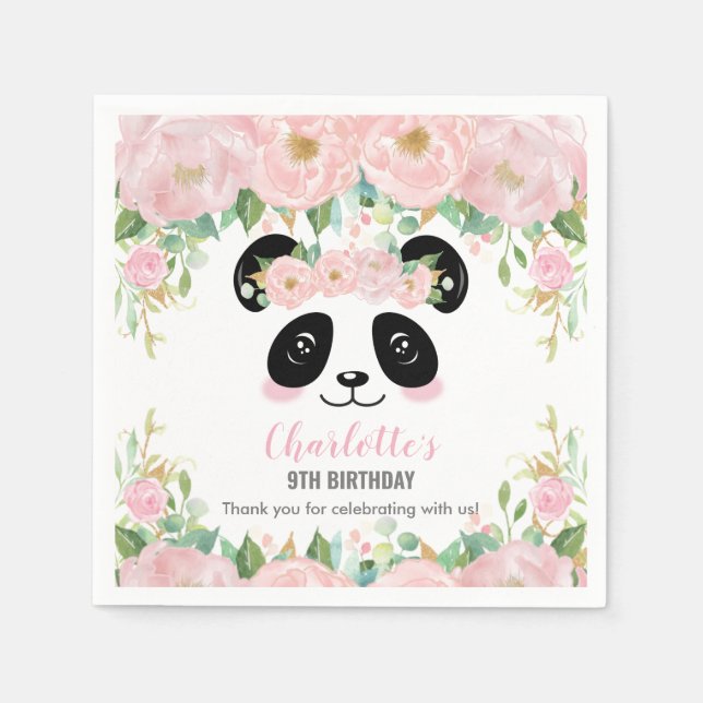 Pink Floral Cute Panda Birthday Baby Party Napkins (Front)