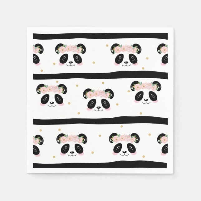 Pink Floral Cute Panda Birthday Baby Party Napkins (Front)