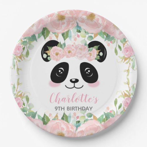 Pink Floral Cute Panda Birthday Baby Party Paper Plates