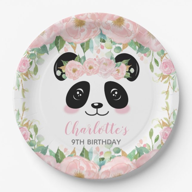 Pink Floral Cute Panda Birthday Baby Party Paper Plates (Front)