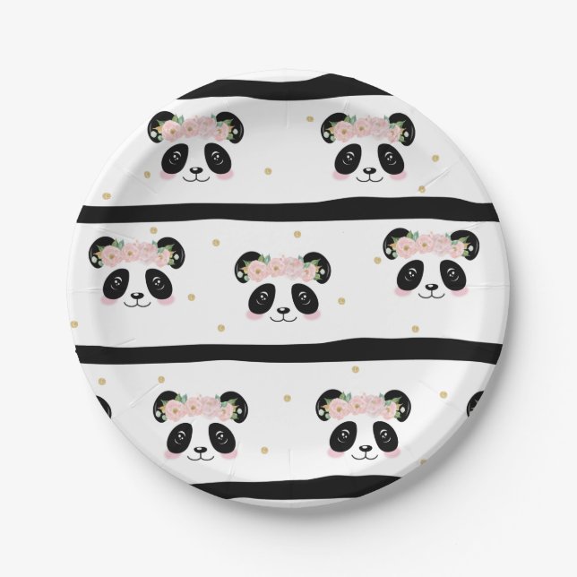 Pink Floral Cute Panda Birthday Baby Party Paper Plates (Front)