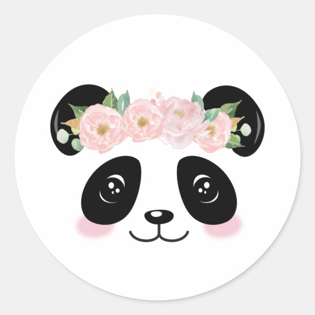 Pink Floral Cute Panda Birthday Party Favor Classic Round Sticker (Front)