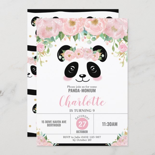 Pink Floral Cute Panda Birthday Party Invitation (Front/Back)