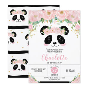 Pink Floral Cute Panda Birthday Party Invitation