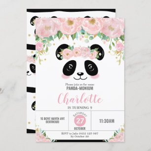 Pink Floral Cute Panda Birthday Party Invitation