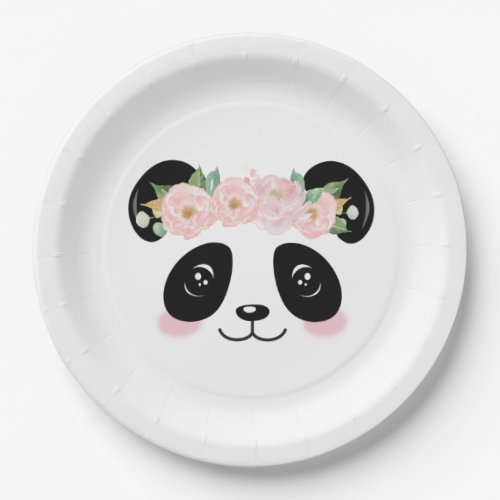 Pink Floral Cute Panda Birthday Party Paper Plates