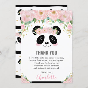 Pink Floral Cute Panda Birthday Thank You Card