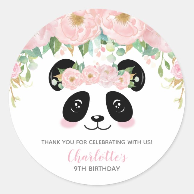 Pink Floral Cute Panda Birthday Thank You Favor Classic Round Sticker (Front)